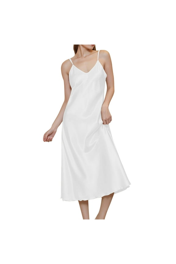 Womens Satin Nightgowns Long Silk Dress V Neck Adjustable Spaghetti Straps Sleepwear Sleeveless Nightdress