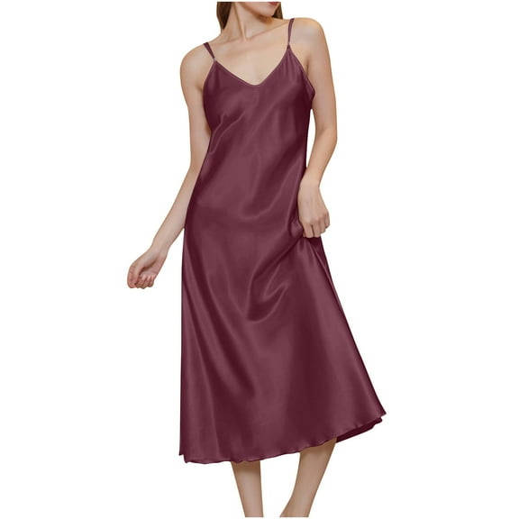Posijego Womens Satin Nightgowns Long Silk Dress V Neck Adjustable Spaghetti Straps Sleepwear Sleeveless Nightdress