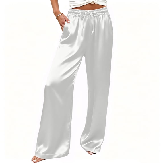 Posijego Womens Satin Pajama Pants Silk Lounge Pants Drawstring Elastic Waist Pj Bottom Soft Wide Leg Sleep Pants with Pockets