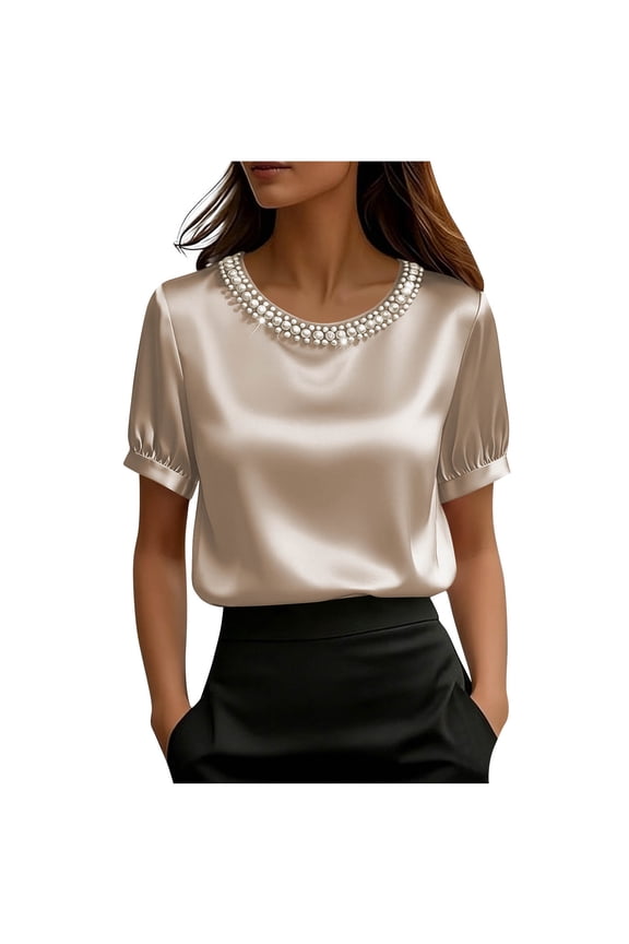 Womens Satin Tops Elegant Dressy Blouses Business Office Casual Silk Work Shirts Summer Short Sleeve Tops