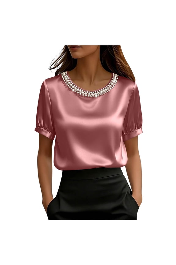 Womens Satin Tops Elegant Dressy Blouses Business Office Casual Silk Work Shirts Summer Short Sleeve Tops