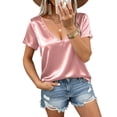 thumbnail image 1 of Posijego Womens Satin Tops V Neck Rolled Short Sleeve Silk Dressy Blouses Summer Coolred Casual Tunic Tops for Women, 1 of 6