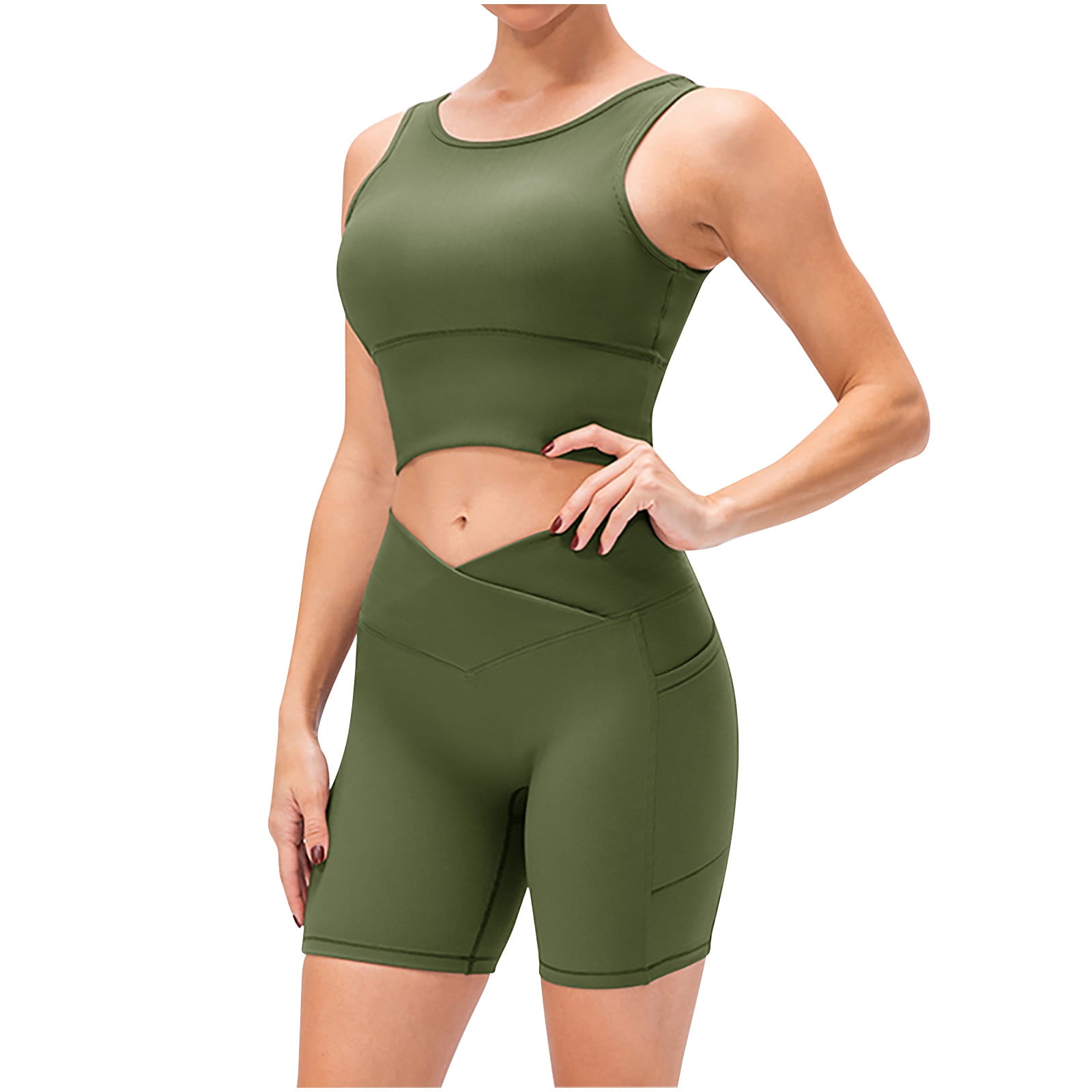 Posijego Womens Seamless Workout Set Tank Crop Top and Butt Lift Biker