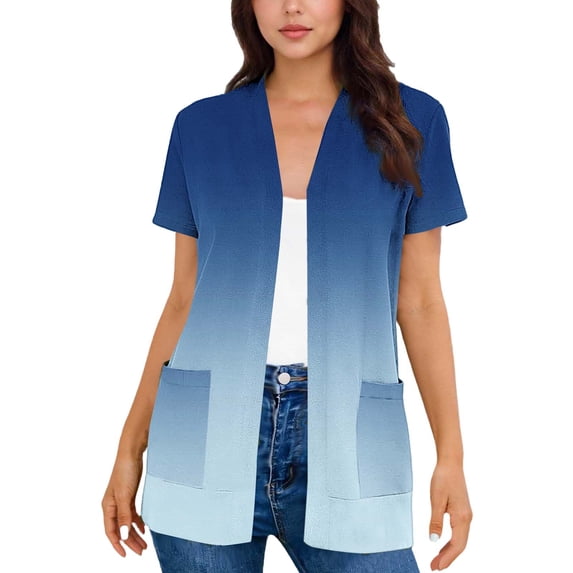 Posijego Womens Short Sleeve Cardigans V Neck Open Front Summer Lightweight Casual Cardigan Outerwear with Pockets