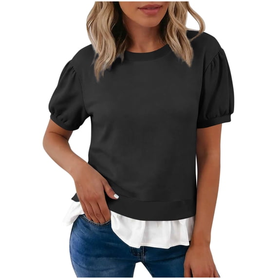 Posijego Womens Short Sleeve Sweatshirt Crew Neck Puff Sleeve Summer Tops Ruffled Hem Casual Pullover Shirts for Women