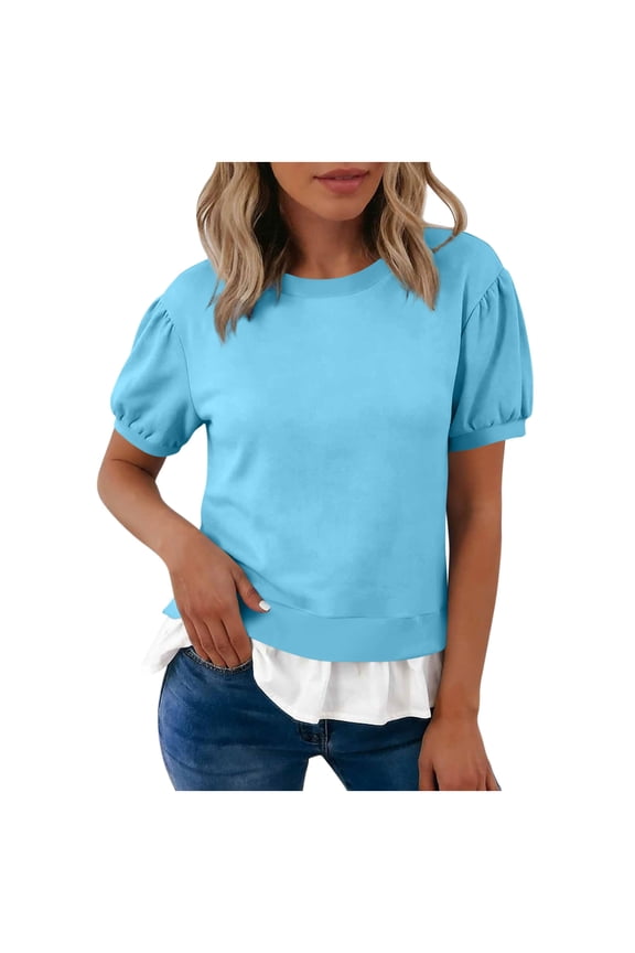 Womens Short Sleeve Sweatshirt Crew Neck Puff Sleeve Summer Tops Ruffled Hem Casual Pullover Shirts for Women
