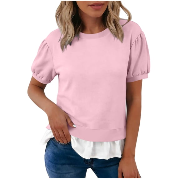 Posijego Womens Short Sleeve Sweatshirt Crew Neck Puff Sleeve Summer Tops Ruffled Hem Casual Pullover Shirts for Women