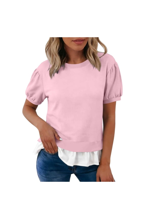 Womens Short Sleeve Sweatshirt Crew Neck Puff Sleeve Summer Tops Ruffled Hem Casual Pullover Shirts for Women