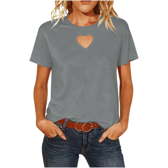 Posijego Womens Short Sleeve T-Shirts Crew Neck Casual Keyhole Summer Tunic Tops Solid Color Basic Tee Shirts