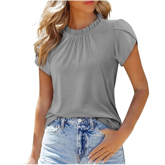 Posijego Womens Short Sleeve Tops Ruffle Mock Neck Casual Dressy Blouses Pleated Front Summer Tunic Tops for Women
