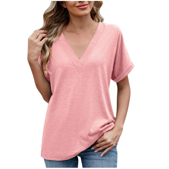 Posijego Womens Short Sleeve Tops Solid Color V Neck Tshirts Plus Size Casual Loose Shirts Basic Tees