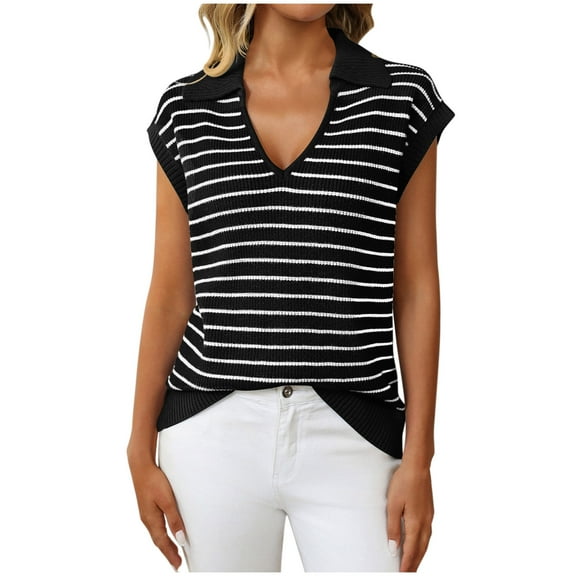 Posijego Womens Sleeveless Sweater Tops V Neck Collared Striped Knit Sweater Vest Pullover Top for Women