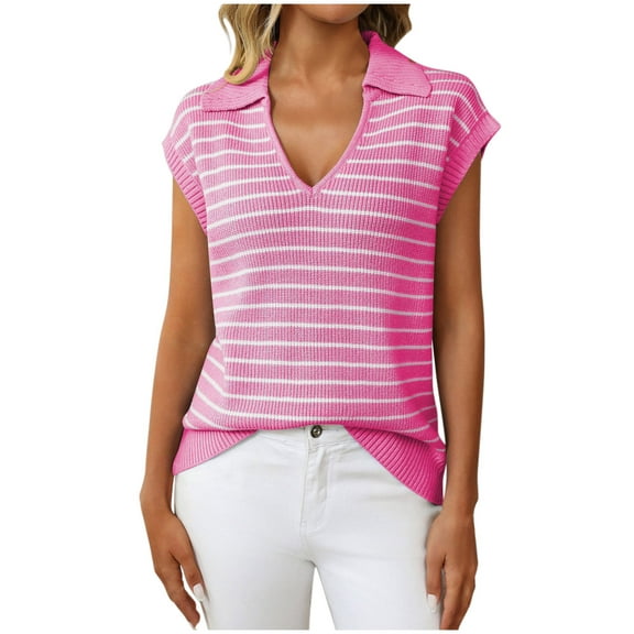 Posijego Womens Sleeveless Sweater Tops V Neck Collared Striped Knit Sweater Vest Pullover Top for Women