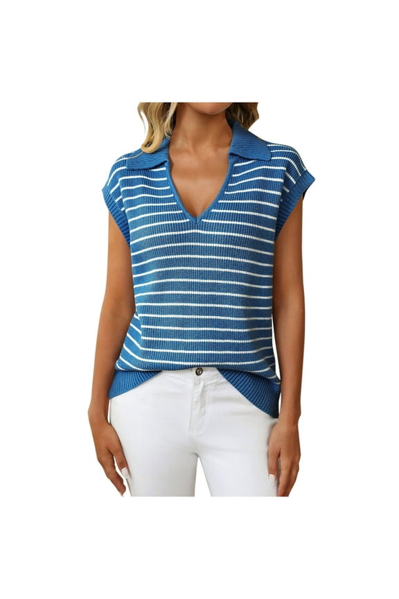Womens Sleeveless Sweater Tops V Neck Collared Striped Knit Sweater Vest Pullover Top for Women