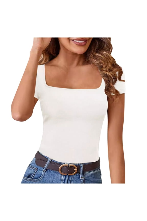 Womens Square Neck T-Shirts Trendy Short Sleeve Slim Going out Tops Tight Basic Tees Fashion Clothes