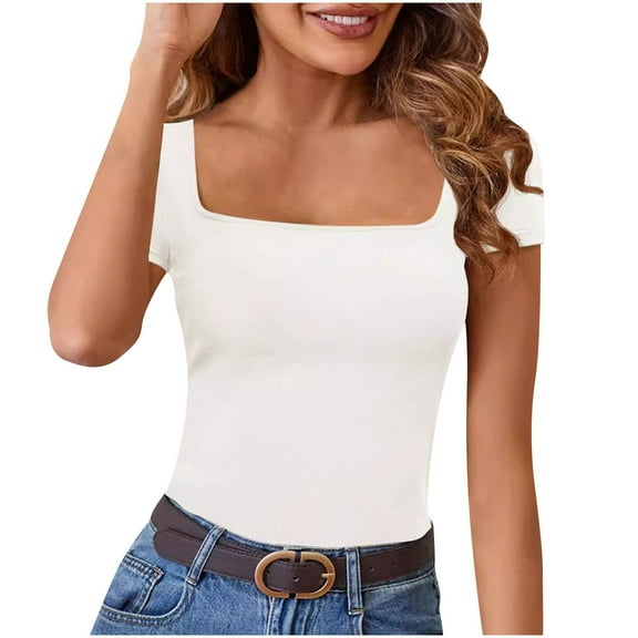 Posijego Womens Square Neck T-Shirts Trendy Short Sleeve Slim Going out Tops Tight Basic Tees Fashion Clothes
