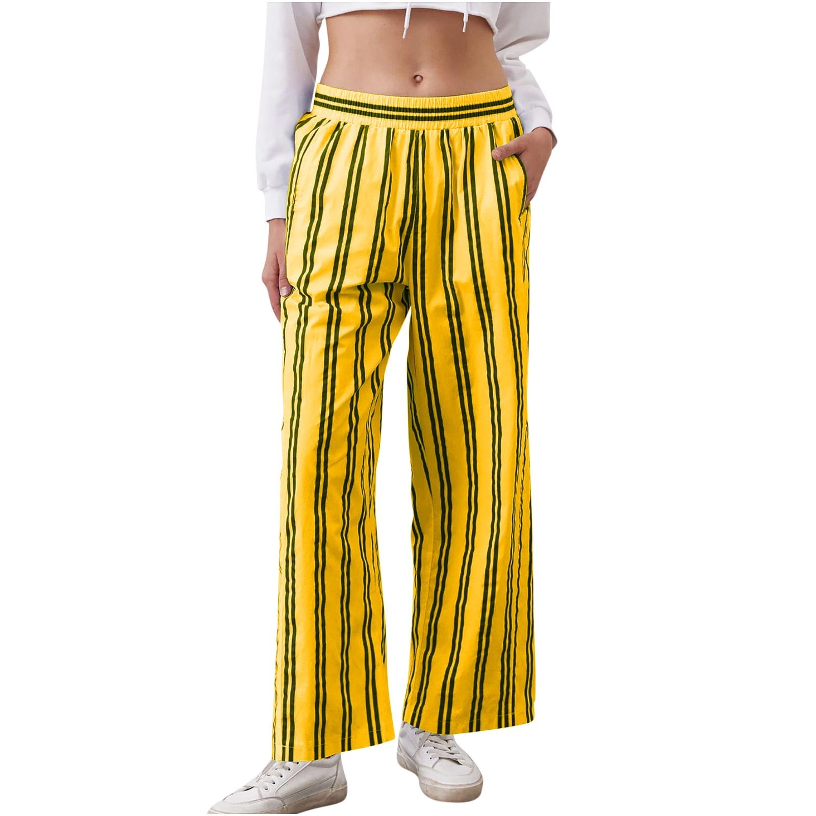 Posijego Womens Striped Palazzo Pants Baggy Drawstring Waist Wide