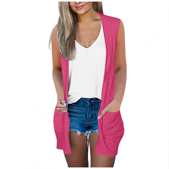 Posijego Womens Summer Cardigans Sleeveless Open Front with Pockets Beach Casual Lightweight Cardigan Outerwear