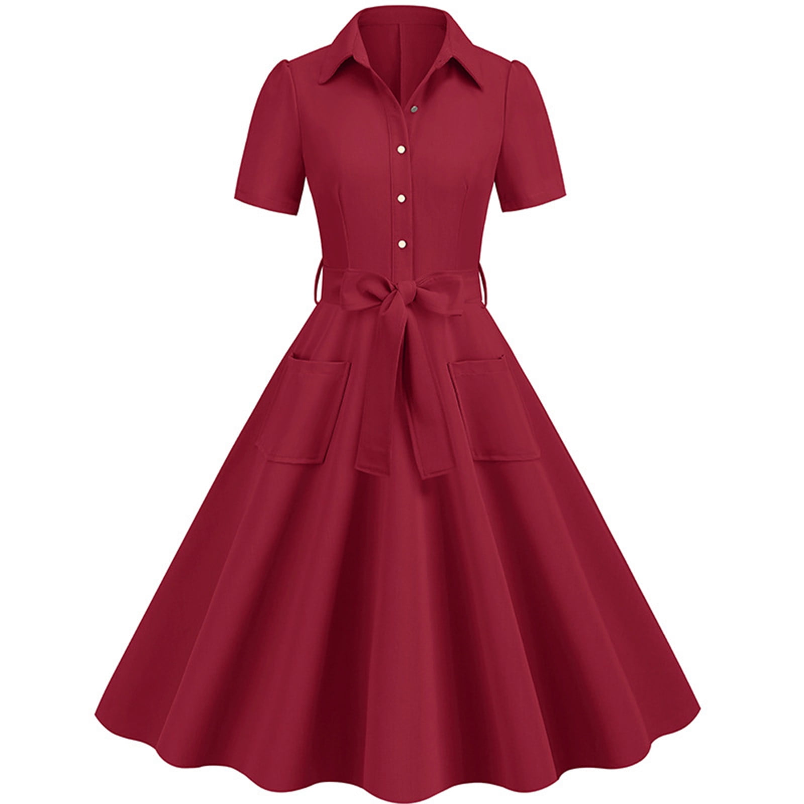 Posijego Womens Summer Dresses 50s Vintage Short Sleeve V Neck Button ALine Flowy Dress Elegant