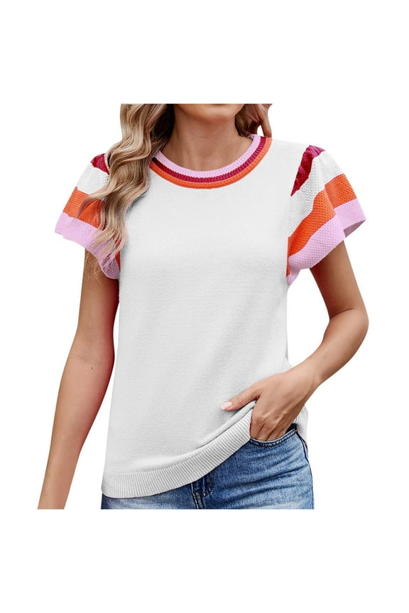 Womens Summer Short Sleeve Sweaters Striped Color Block Pullover Tops Lightweight Knit Sweater