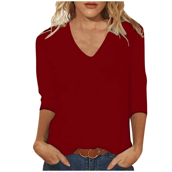 Posijego Womens Summer T-Shirt V Neck 3/4 Sleeve Casual Tunic Shirts Solid Color Loose Basic Tees Ladies Tops