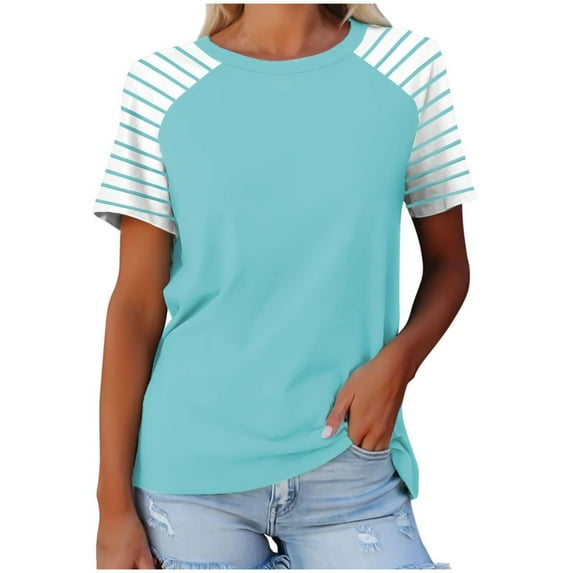 Posijego Womens Summer Tops Color Block Striped Short Sleeve T-Shirts Casual Loose Basic Tee Shirt for Women