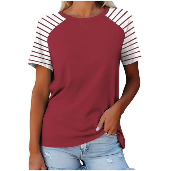 Posijego Womens Summer Tops Color Block Striped Short Sleeve T-Shirts Casual Loose Basic Tee Shirt for Women