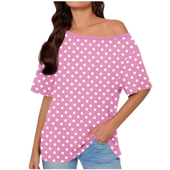 Posijego Womens Summer Tops Short Sleeve Shirt Polka Dot Printed Round Neck Casual Blouses Loose Soft Tunic Shirts