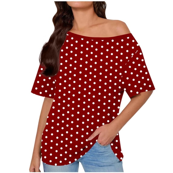 Posijego Womens Summer Tops Short Sleeve Shirt Polka Dot Printed Round Neck Casual Blouses Loose Soft Tunic Shirts