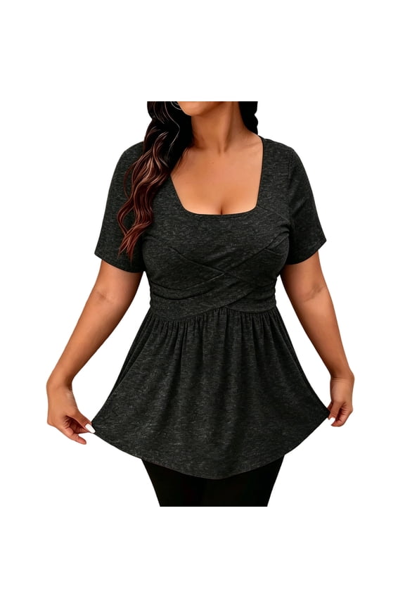 Womens Summer Tunic Tops Pleated Front Square Neck Short Sleeve T-Shirts Swing Hem Casual Dressy Blouses Women's Clothes