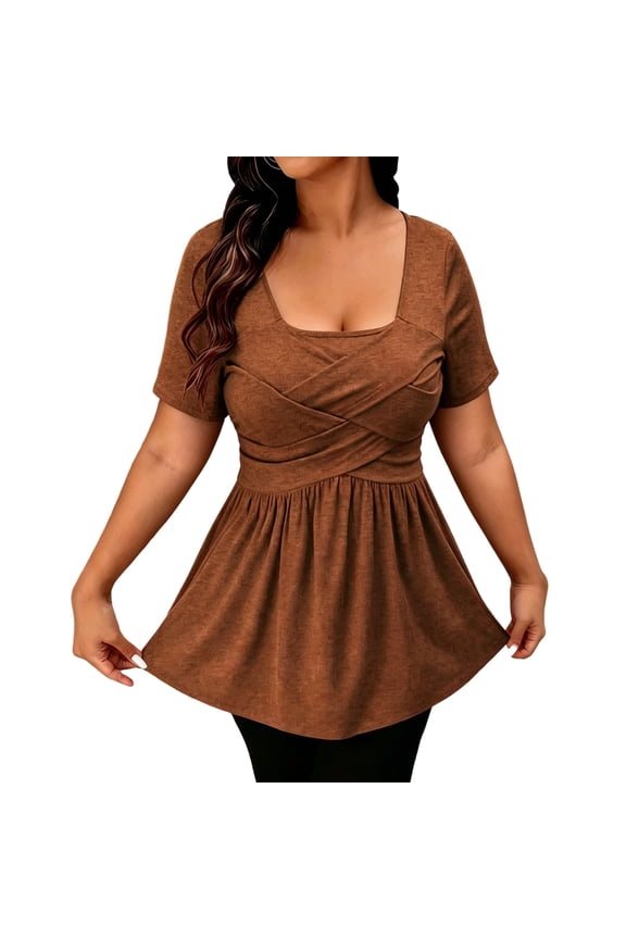 Womens Summer Tunic Tops Pleated Front Square Neck Short Sleeve T-Shirts Swing Hem Casual Dressy Blouses Women's Clothes