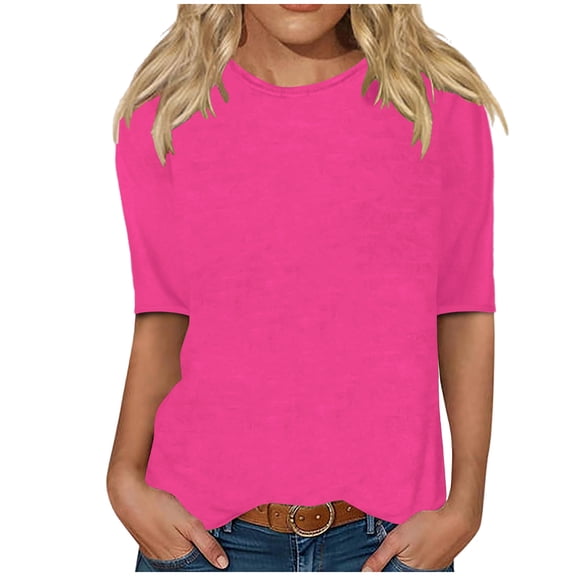 Posijego Womens Tops Summer Round Neck Half Sleeve T-Shirts Solid Color Loose Casual Basic Tee Plus Size