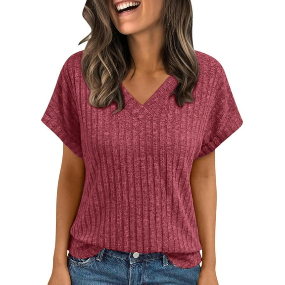Posijego Womens Tops Summer Short Sleeve Sweater Lightweight V Neck Knit Tunic Shirts for Women