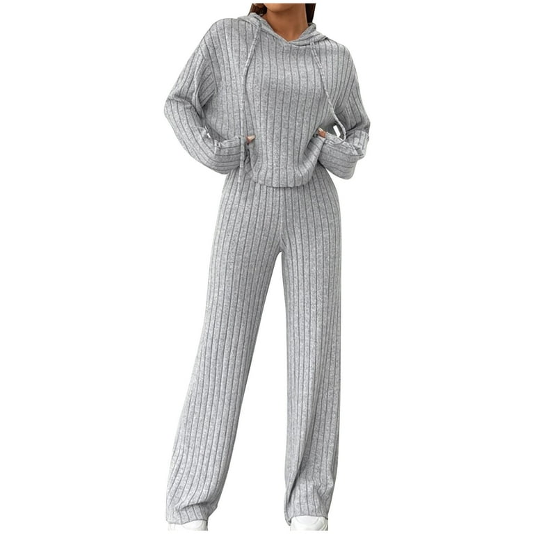 YQBY Womens Two Piece Sweater Set Knit Hooded Pullover Top Wide Leg Pants Matching Sweatsuit Lounge Set Walmart