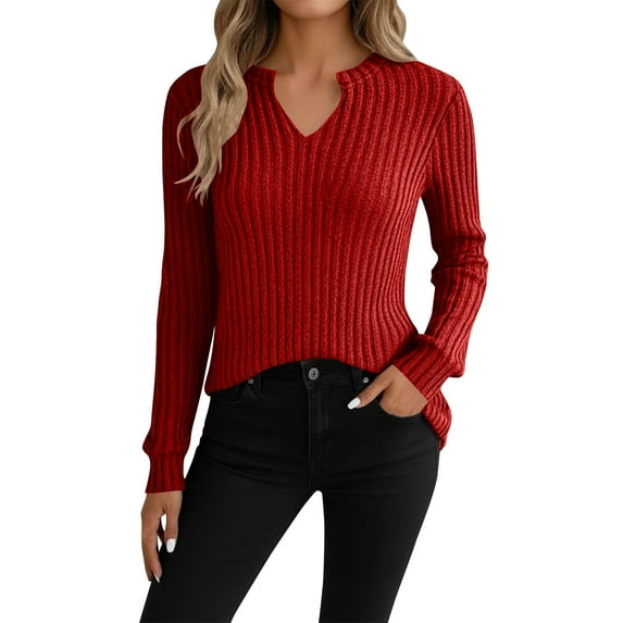 Posijego Womens V Neck Sweaters Knit Long Sleeve Solid Color Stretch Soft Lightweight Pullover Tunic Tops for Women