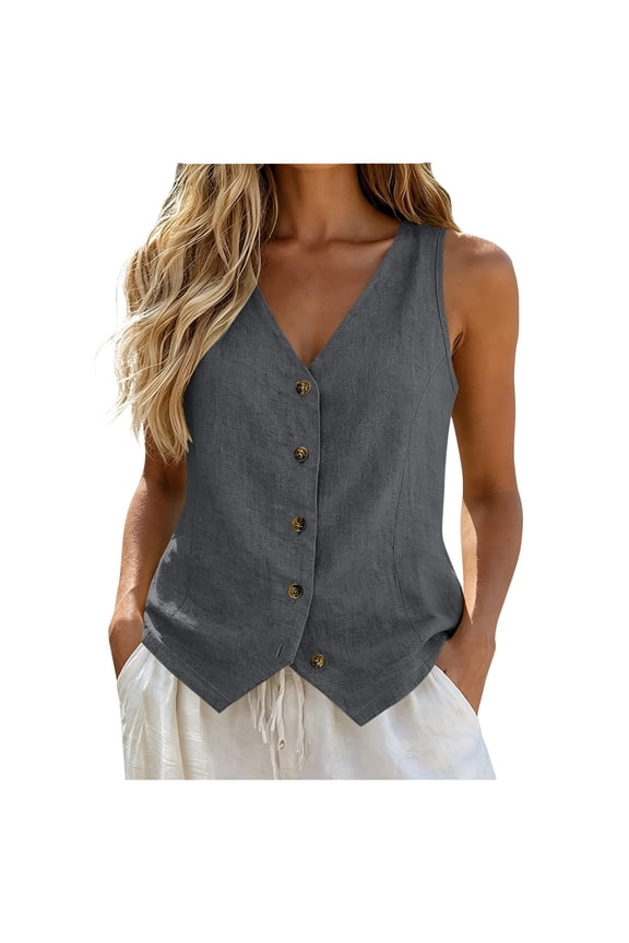 Womens V Neck Vest Tank Tops Button up Sleeveless Vest Tops Summer Cotton Linen Casual Beach Boho Vests for Women