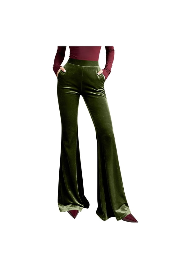 Womens Velvet Flare Pants Elastic Waist Bell Bottoms Wide Leg Vintage Velour Pants with Pockets
