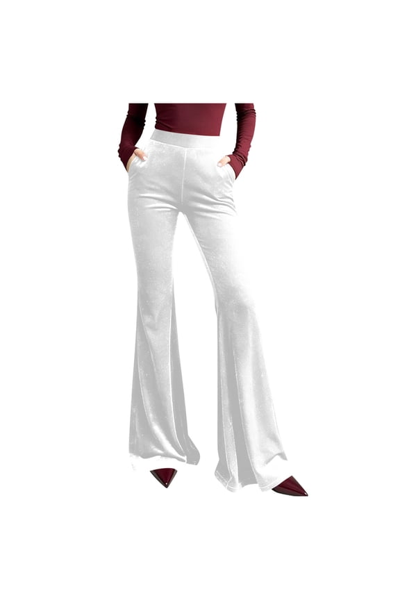 Womens Velvet Flare Pants Elastic Waist Bell Bottoms Wide Leg Vintage Velour Pants with Pockets