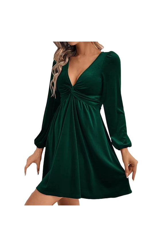 Womens Velvet Mini Dress Twist V Neck Long Sleeve Velour Dress Party Elegant Dresses for Women