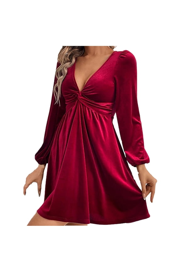 Womens Velvet Mini Dress Twist V Neck Long Sleeve Velour Dress Party Elegant Dresses for Women