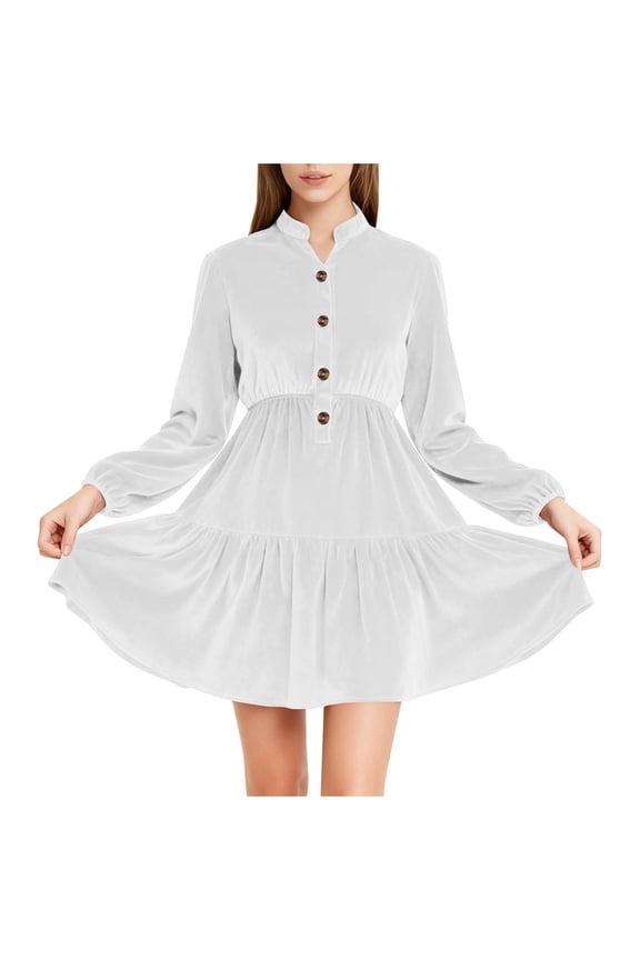Womens Velvet Velour Dress V Neck Button Long Sleeve Vintage Solid Color Party Mini Dress for Women