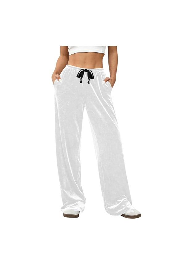 Womens Velvet Wide Leg Pants Velour Pants Elastic Waist Drawstring Straight Leg Business Work Dress Trousers