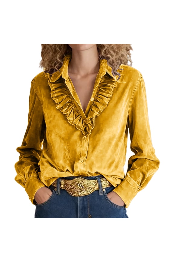 Womens Vintage Long Sleeve Shirts Ruffle Collar Velour Button down Shirts Party Evening Formal Blouses