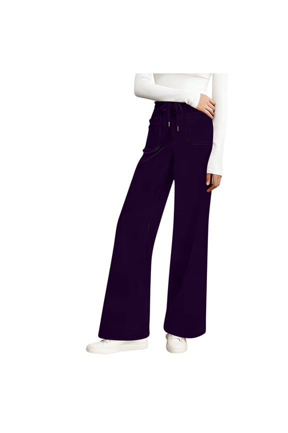 Womens Vintage Velvet Pants Straight Leg High Elastic Waist Drawstring Wide Leg Velour Pants with Pockets