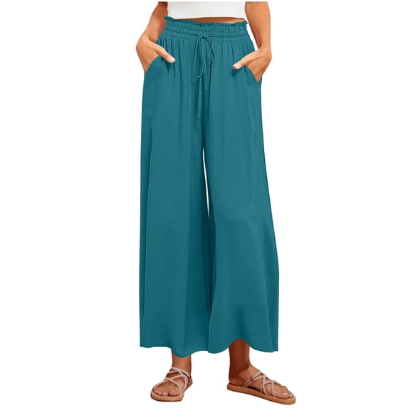 Posijego Womens Wide Leg Pants High Waist Drawstring Lounge Pants Loose Flowy Beach Pants with Pockets