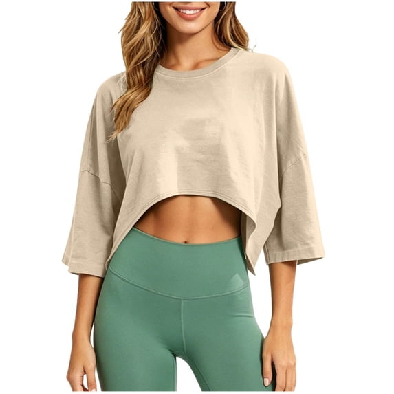 Posijego Workout Tops for Women 3/4 Sleeve Crop Tops Summer Athletic Running Yoga Sport Tees Activewear Gym Shirts for Ladies