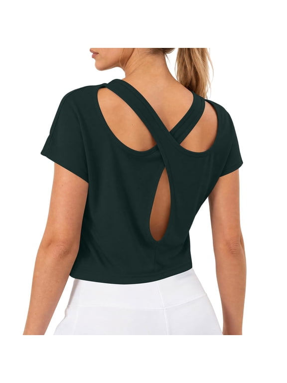 Workout Tops for Women Backless Short Sleeve T-Shirts Breathable Athletic Running Shirts Active Tees for Women