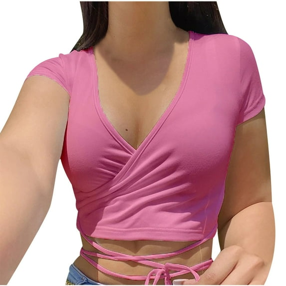 Posijego Workout Tops for Women Wrap V Neck Crop Top Summer Short Sleeve T-Shirts Yoga Gym Tee Shirts