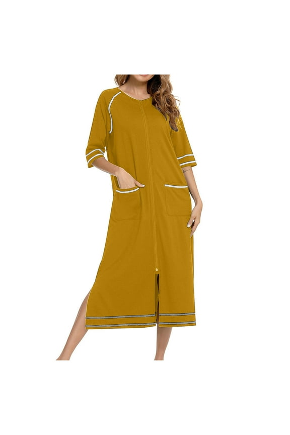 Zipper Robes for Women 3/4 Sleeve Bathrobe with Pockets Lightweight Nightgowns Loungewear Housecoat