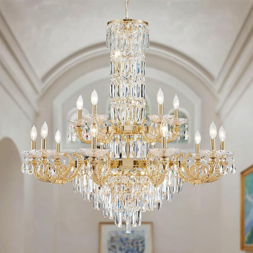 Posiosa Gold Crystal Contemporary Chandelier Foyer Entryway Lighting, 2-Tier Large Foyer Entrance Chandeliers for High Ceiling Big Crystal Chandelier(Dia 40.2 inch 22 Lights)
